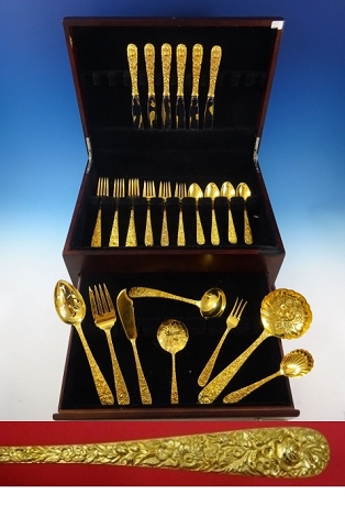 Repousse by Kirk Sterling Silver Flatware Set For 6 Service 32 pcs Vermeil Gold